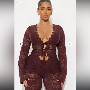 Karla Lace Wide Leg Pant Set - Brown